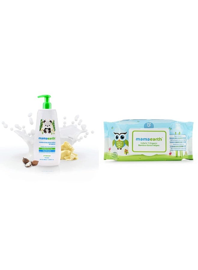 Mamaearth Daily Moisturizing Natural Baby Lotion (400 ml) & Mamaearth India's First Organic Bamboo Based Baby Wipes 72 (Pack of 1) - Image 1